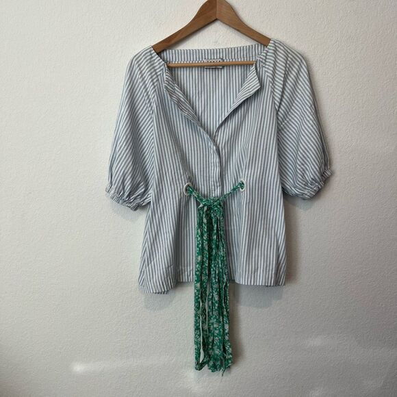 Tanya Taylor Menswear Striped Suma 3/4 Sleeve Tie Waist Blouse Women's Size 4 - Picture 2 of 8